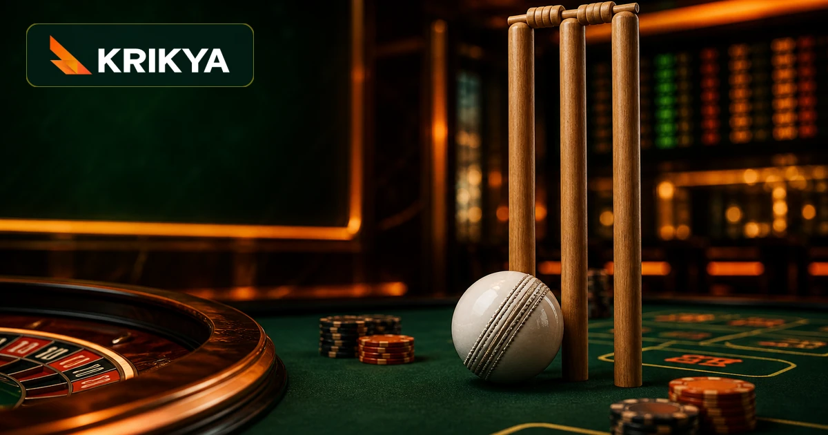 ক্রিকেট বল, wicket, roulette wheel ও casino chip-সহ Krikya ক্রিকেট এক্সচেঞ্জ গাইড
